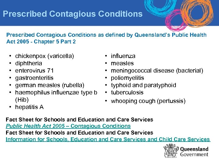 Prescribed Contagious Conditions as defined by Queensland’s Public Health Act 2005 - Chapter 5