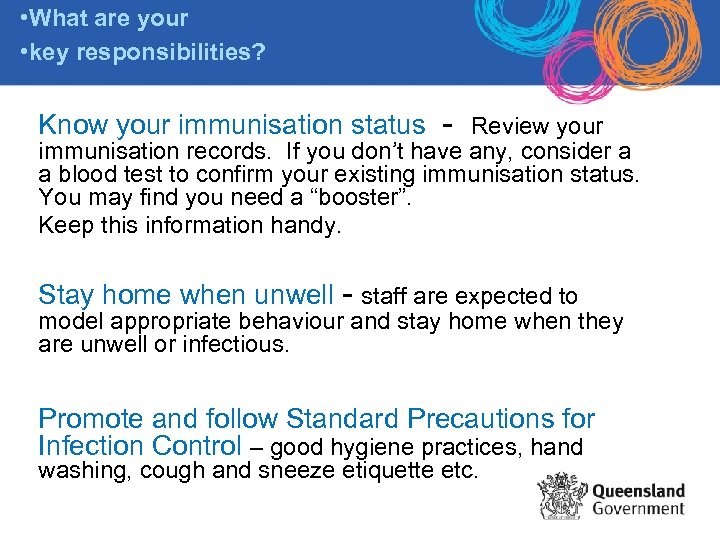  • What are your • key responsibilities? Know your immunisation status - Review