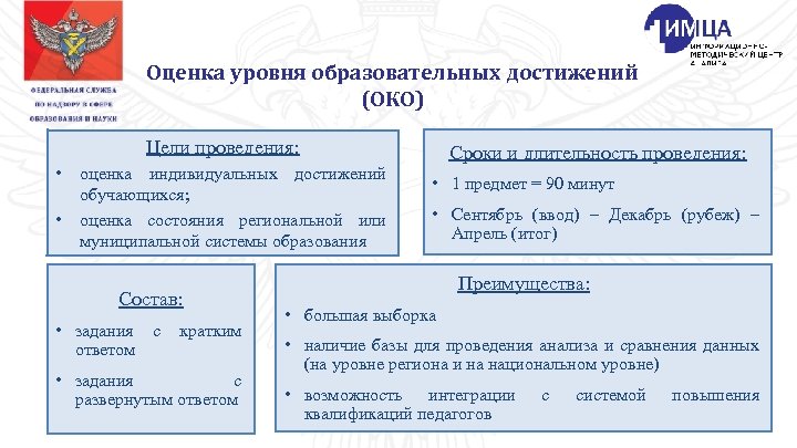 Оценка уровня образовательных достижений (ОКО) Цели проведения: • • оценка индивидуальных достижений обучающихся; оценка