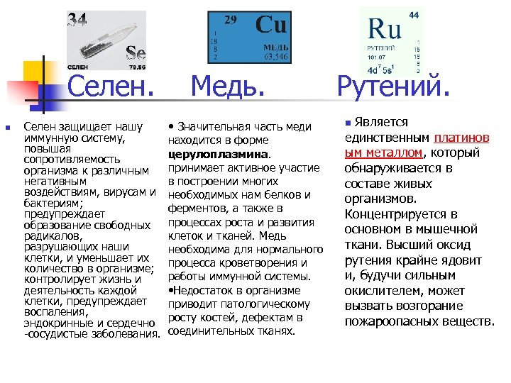 Селен. Медь. Рутений. n • Значительная часть меди Селен защищает нашу иммунную систему, находится