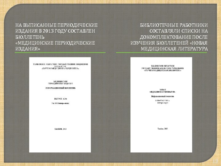 НА ВЫПИСАННЫЕ ПЕРИОДИЧЕСКИЕ ИЗДАНИЯ В 2013 ГОДУ СОСТАВЛЕН БЮЛЛЕТЕНЬ «МЕДИЦИНСКИЕ ПЕРИОДИЧЕСКИЕ ИЗДАНИЯ» БИБЛИОТЕЧНЫЕ РАБОТНИКИ