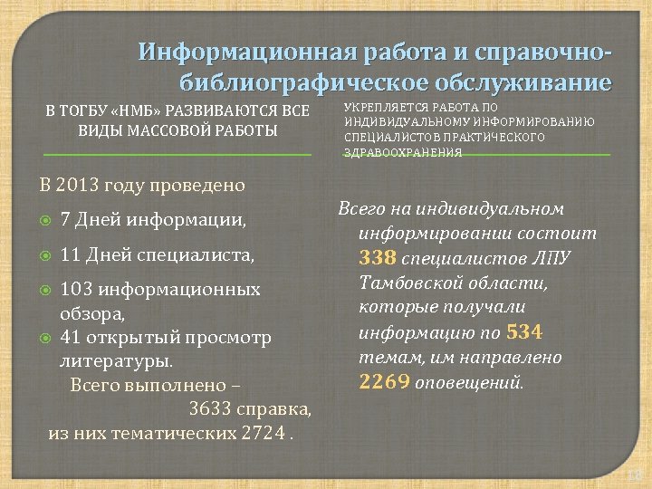 Информационная работа и справочнобиблиографическое обслуживание В ТОГБУ «НМБ» РАЗВИВАЮТСЯ ВСЕ ВИДЫ МАССОВОЙ РАБОТЫ УКРЕПЛЯЕТСЯ