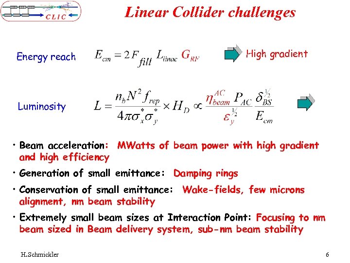 Linear Collider challenges Energy reach High gradient Luminosity • Beam acceleration: MWatts of beam