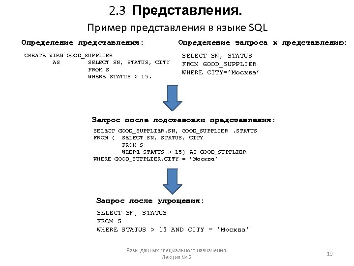 2. 3 Представления. Пример представления в языке SQL Определение представления: CREATE VIEW GOOD_SUPPLIER AS