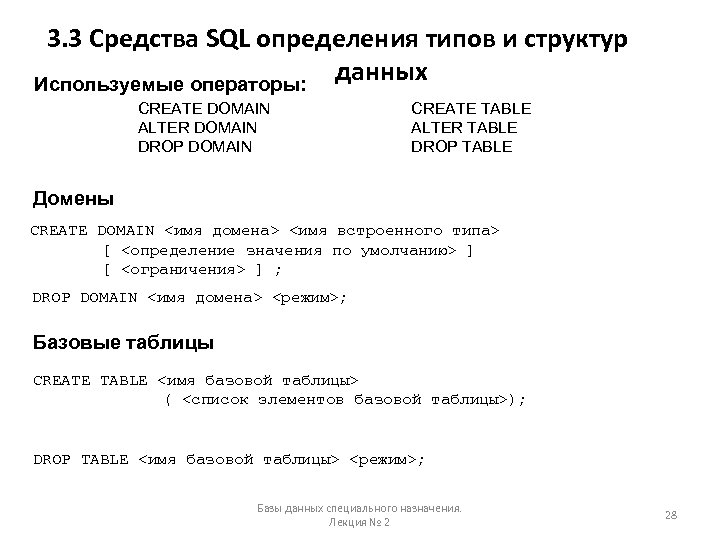 3. 3 Средства SQL определения типов и структур данных Используемые операторы: CREATE DOMAIN ALTER