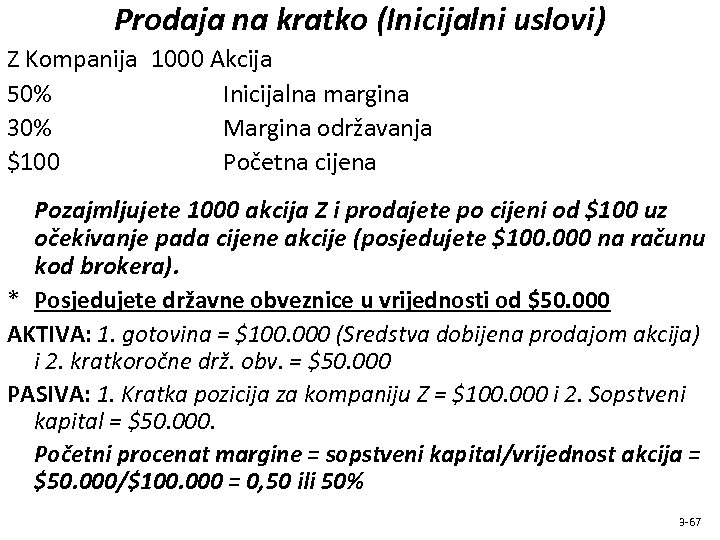 Prodaja na kratko (Inicijalni uslovi) Z Kompanija 1000 Akcija 50% Inicijalna margina 30% Margina