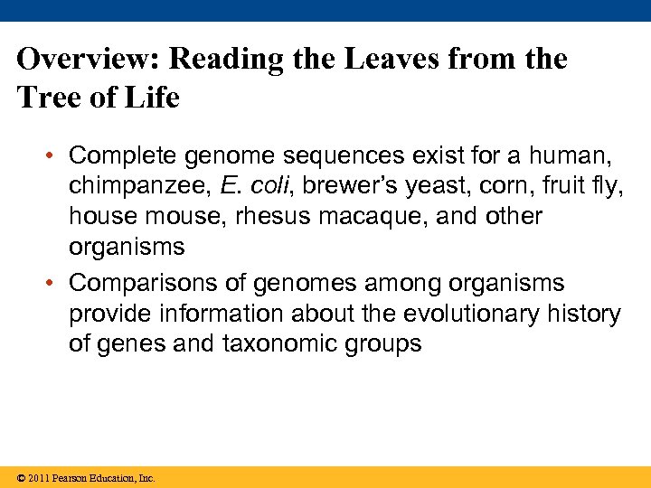 Overview: Reading the Leaves from the Tree of Life • Complete genome sequences exist