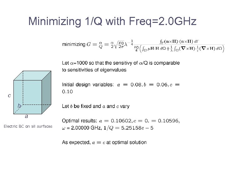 Minimizing 1/Q with Freq=2. 0 GHz c b a Electric BC on all surfaces