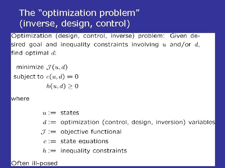 The “optimization problem” (inverse, design, control) 