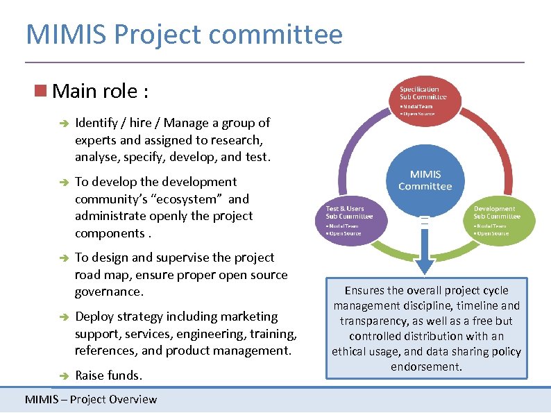 MIMIS Project committee Main role : Identify / hire / Manage a group of