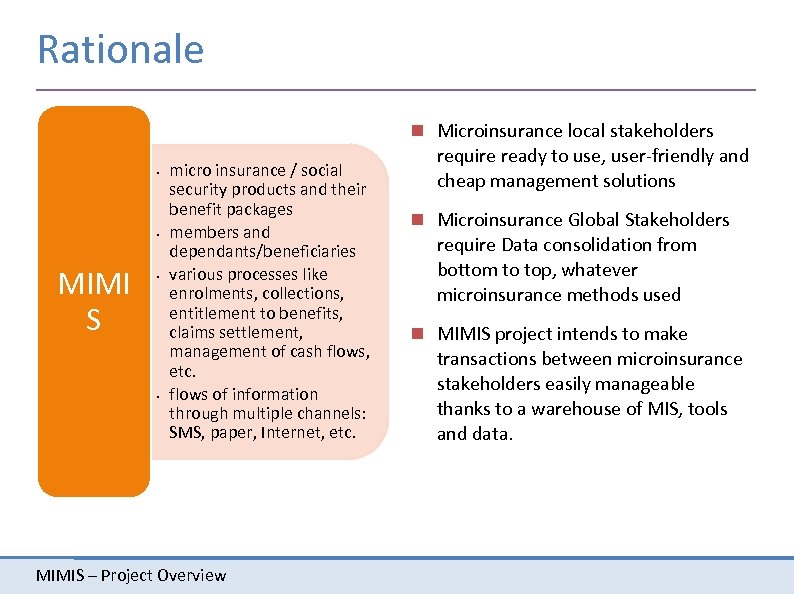 Rationale Microinsurance local stakeholders • • MIMI S • • micro insurance / social