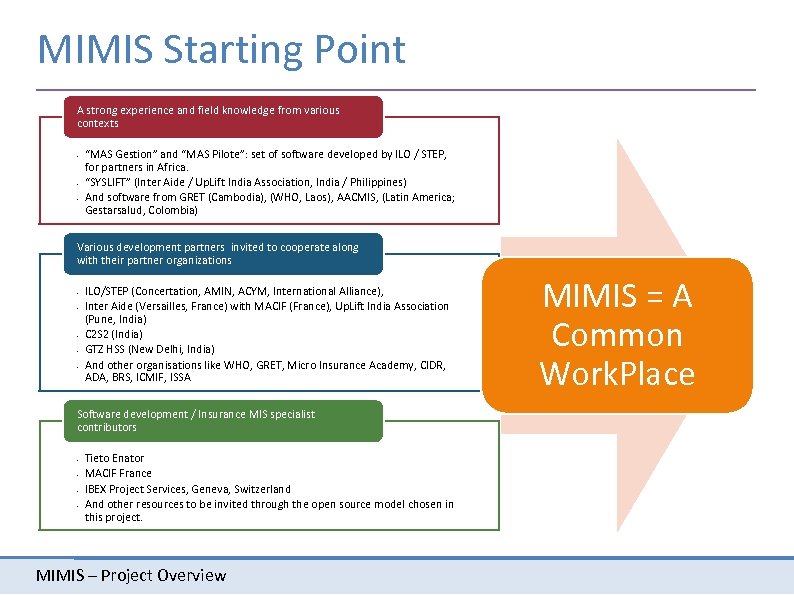 MIMIS Starting Point A strong experience and field knowledge from various contexts • •