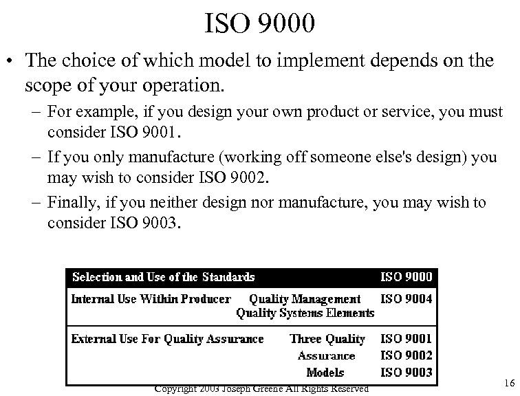 ISO 9000 • The choice of which model to implement depends on the scope