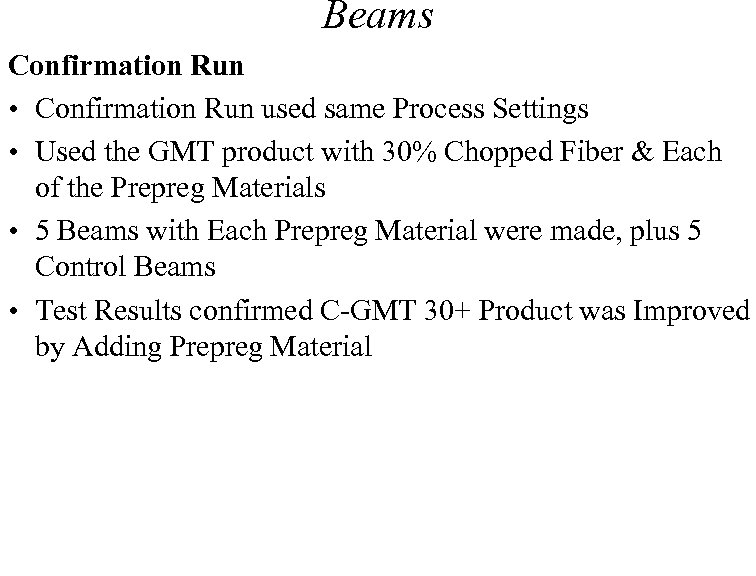 Beams Confirmation Run • Confirmation Run used same Process Settings • Used the GMT