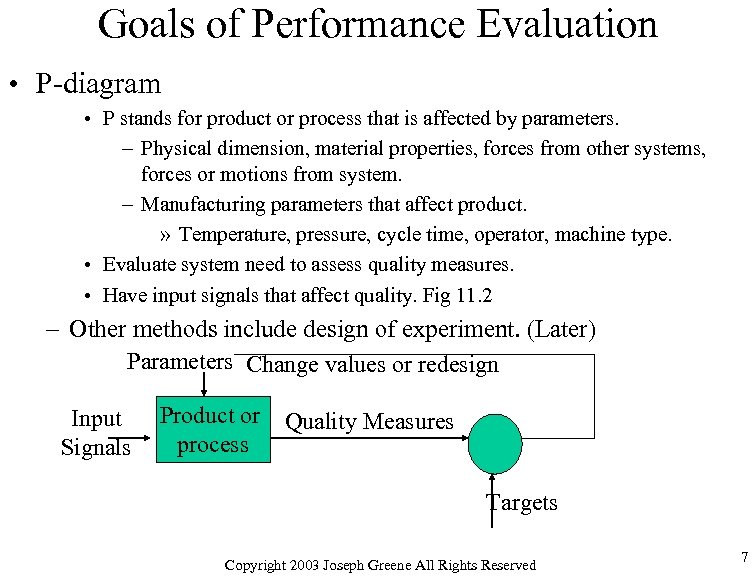 Goals of Performance Evaluation • P-diagram • P stands for product or process that