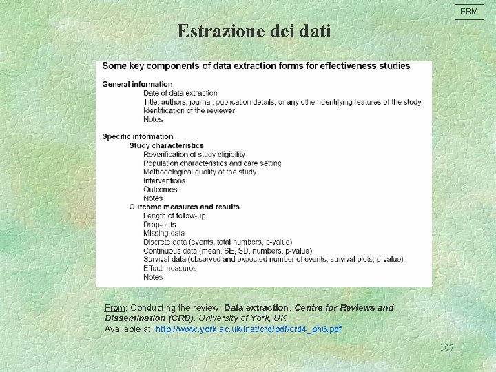 EBM Estrazione dei dati From: Conducting the review. Data extraction. Centre for Reviews and