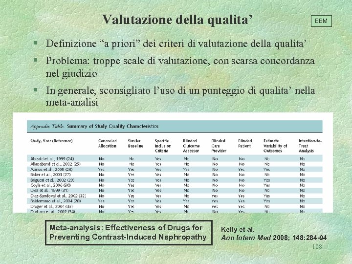 Valutazione della qualita’ EBM § Definizione “a priori” dei criteri di valutazione della qualita’