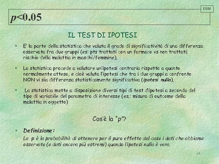 EBM p<0. 05 IL TEST DI IPOTESI § E’ la parte della statistica che