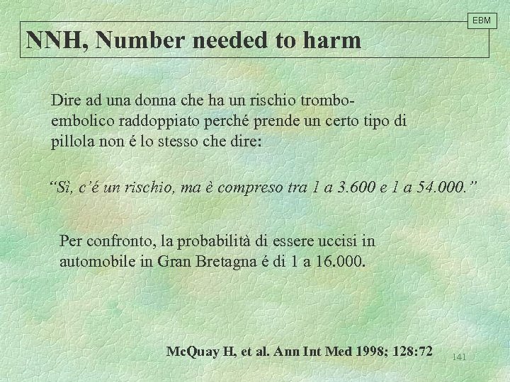 EBM NNH, Number needed to harm Dire ad una donna che ha un rischio