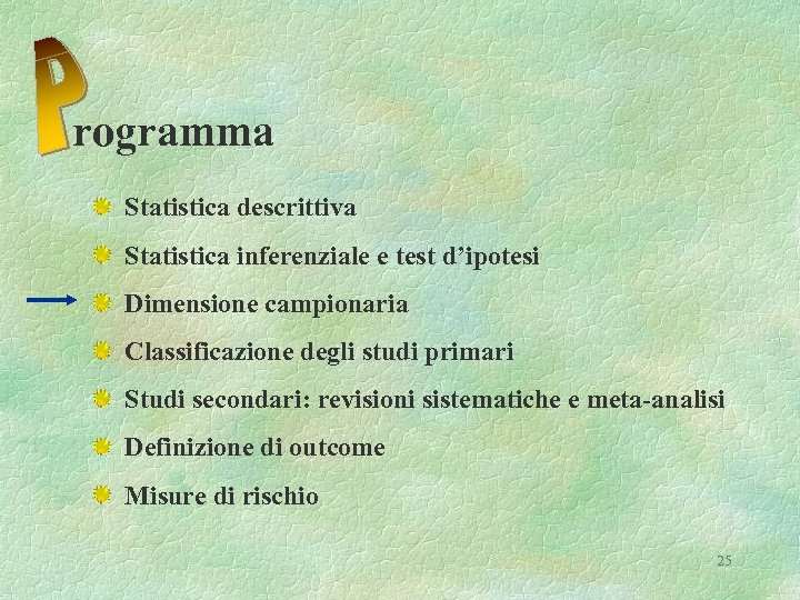 rogramma Statistica descrittiva Statistica inferenziale e test d’ipotesi Dimensione campionaria Classificazione degli studi primari