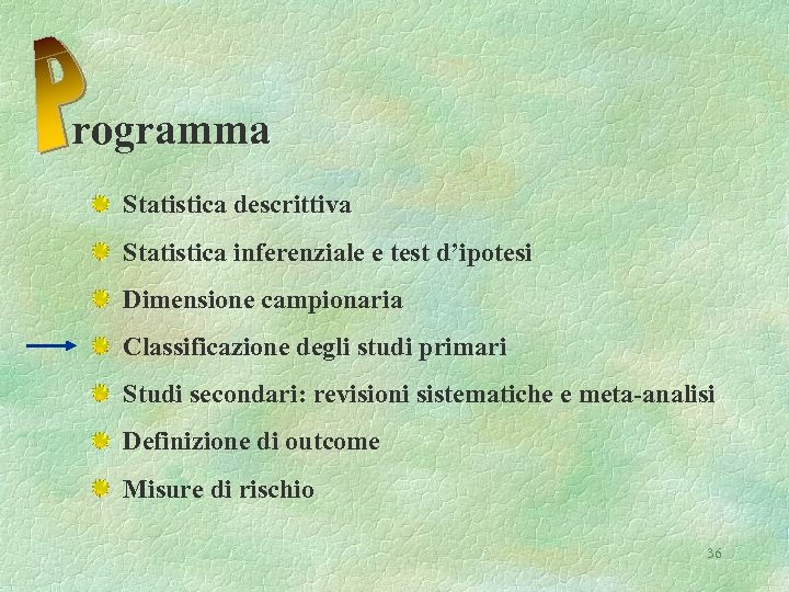 rogramma Statistica descrittiva Statistica inferenziale e test d’ipotesi Dimensione campionaria Classificazione degli studi primari