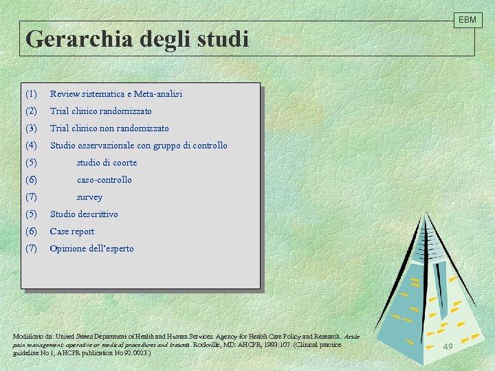 EBM Gerarchia degli studi (1) Review sistematica e Meta-analisi (2) Trial clinico randomizzato (3)