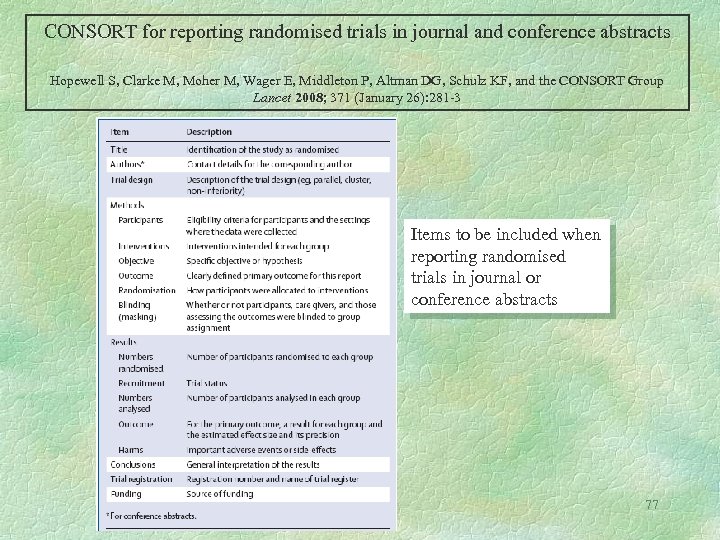 CONSORT for reporting randomised trials in journal and conference abstracts Hopewell S, Clarke M,