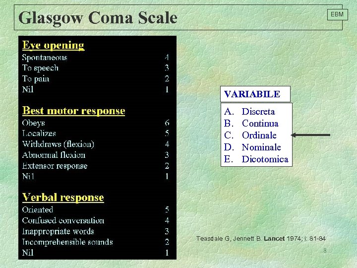 Glasgow Coma Scale EBM VARIABILE A. B. C. D. E. Discreta Continua Ordinale Nominale