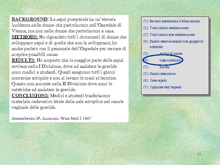 BACKGROUND: La sepsi puerperale ha un’elevata incidenza nelle donne che partoriscono nell’Ospedale di Vienna,