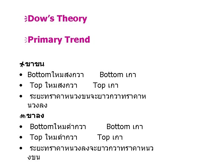  Dow’s Theory Primary Trend ขาขน • Bottomใหมสงกวา Bottom เกา • Top ใหมสงกวา Top