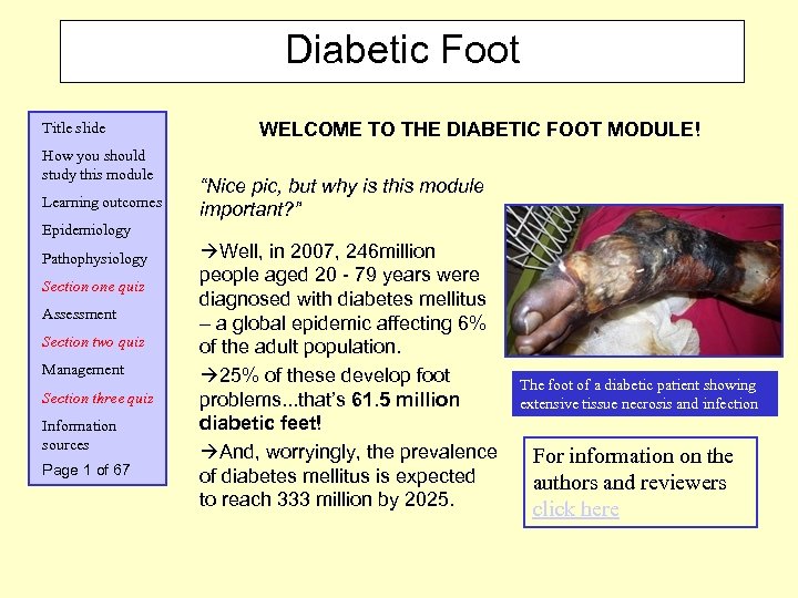 Diabetic Foot Title slide How you should study this module Learning outcomes WELCOME TO