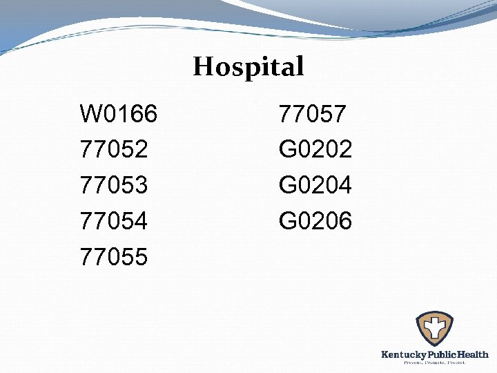 Hospital W 0166 77052 77053 77054 77055 77057 G 0202 G 0204 G 0206