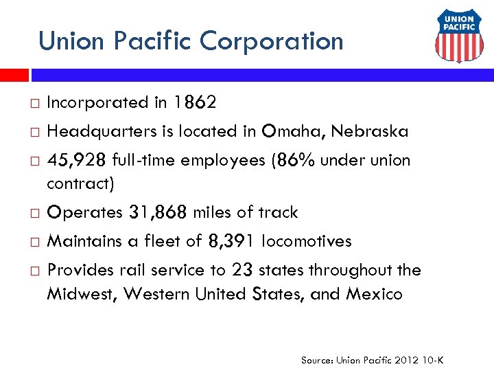 Union Pacific Corporation Incorporated in 1862 Headquarters is located in Omaha, Nebraska 45, 928