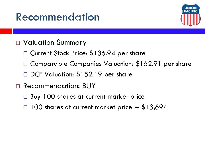 Recommendation Valuation Summary Current Stock Price: $136. 94 per share Comparable Companies Valuation: $162.