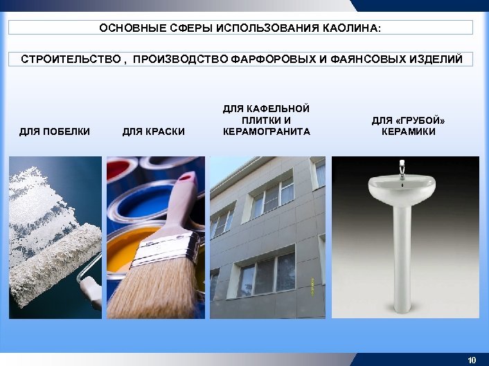ОСНОВНЫЕ СФЕРЫ ИСПОЛЬЗОВАНИЯ КАОЛИНА: СТРОИТЕЛЬСТВО , ПРОИЗВОДСТВО ФАРФОРОВЫХ И ФАЯНСОВЫХ ИЗДЕЛИЙ ДЛЯ ПОБЕЛКИ ДЛЯ