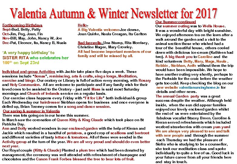 Forthcoming Birthdays Sept-Bud, Betty, Patty Oct-Jim, Peg, Joan, Fin Nov-Bill, May, John, Nancy W,