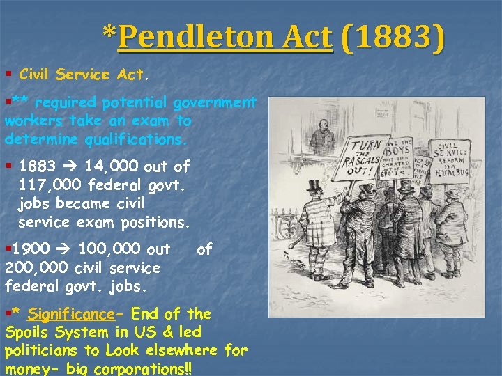 *Pendleton Act (1883) § Civil Service Act. §** required potential government workers take an