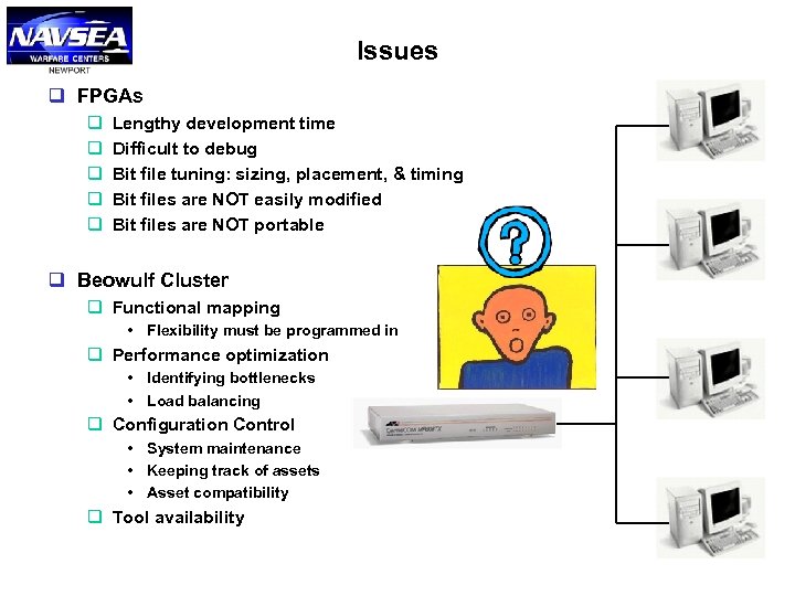 Issues q FPGAs q q q Lengthy development time Difficult to debug Bit file