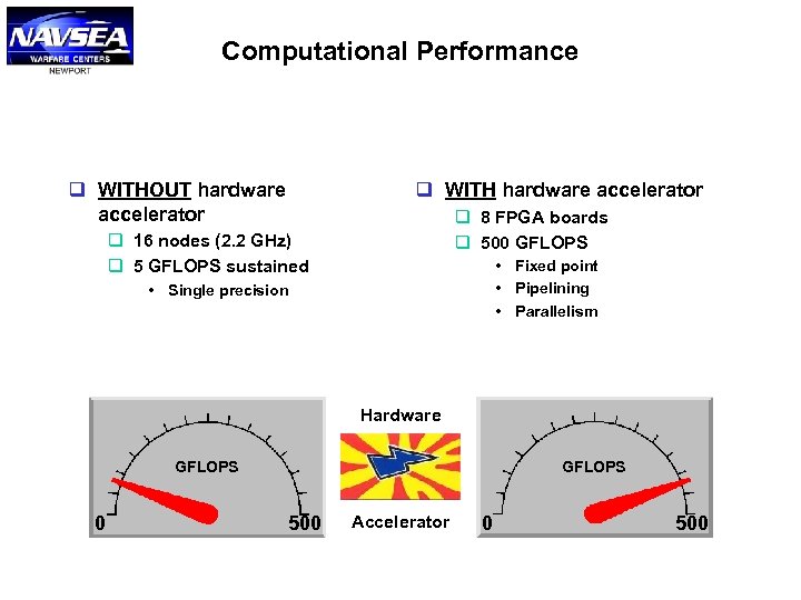 Computational Performance q WITHOUT hardware accelerator q WITH hardware accelerator q 8 FPGA boards