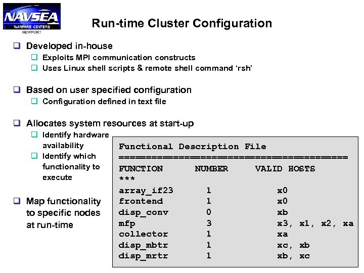 Run-time Cluster Configuration q Developed in-house q Exploits MPI communication constructs q Uses Linux