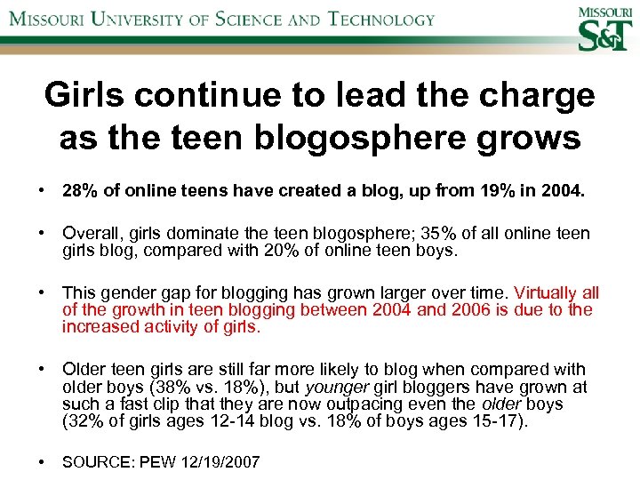 Girls continue to lead the charge as the teen blogosphere grows • 28% of