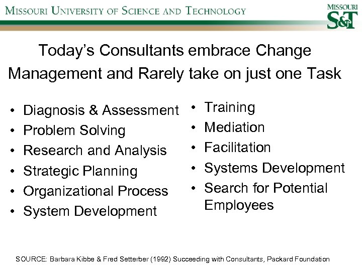 Today’s Consultants embrace Change Management and Rarely take on just one Task • •