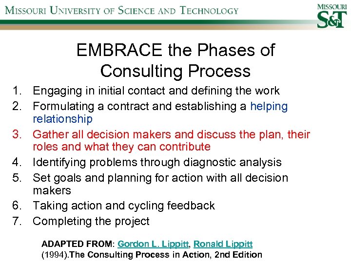 EMBRACE the Phases of Consulting Process 1. Engaging in initial contact and defining the