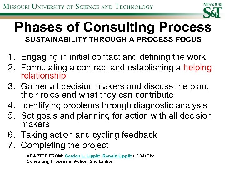 Phases of Consulting Process SUSTAINABILITY THROUGH A PROCESS FOCUS 1. Engaging in initial contact
