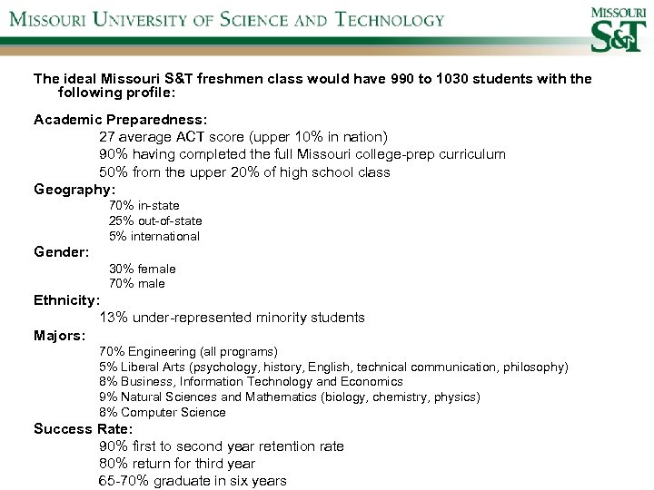 The ideal Missouri S&T freshmen class would have 990 to 1030 students with the