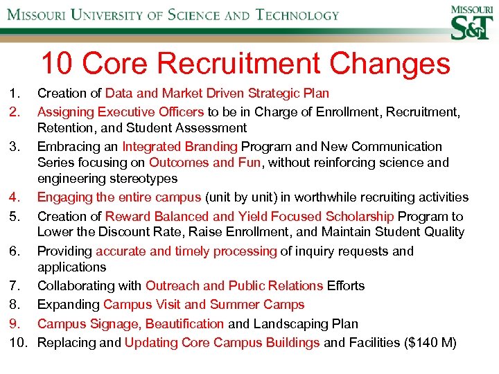 10 Core Recruitment Changes 1. 2. Creation of Data and Market Driven Strategic Plan