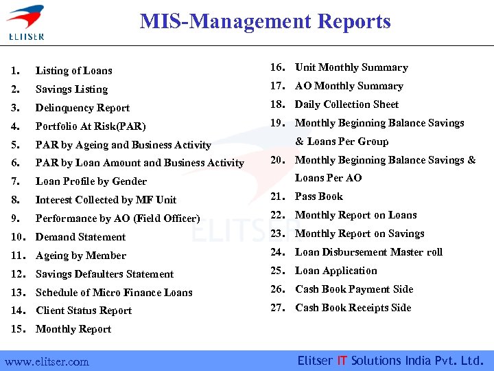 MIS-Management Reports 1. Listing of Loans 16. Unit Monthly Summary 2. Savings Listing 17.