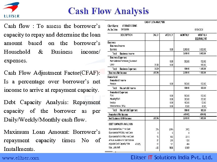 Cash Flow Analysis Cash flow : To assess the borrower’s capacity to repay and