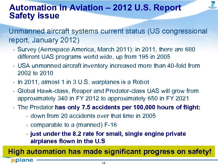 Automation in Aviation – 2012 U. S. Report Safety issue Unmanned aircraft systems current