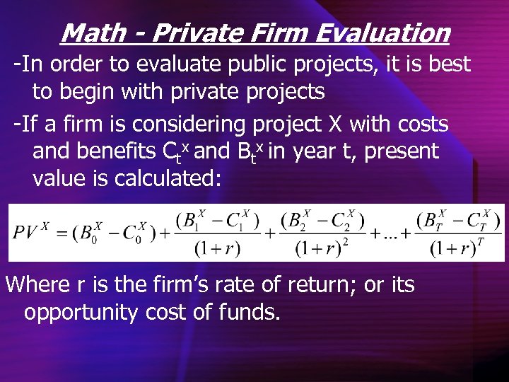 Math - Private Firm Evaluation -In order to evaluate public projects, it is best